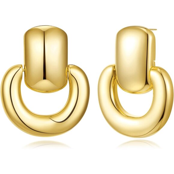 Women's Gold Chunky Statement Retro Hoop Dangle Earrings Multiple Style - Picture 1 of 6
